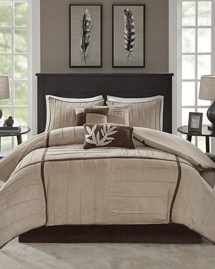 Madison Park Cozy Comforter Set Casual Blocks Design All Season, Matching Bed Skirt, Decorative Pillows, King (104 in x 92 in), Dune Beige/Brown, 7 Piece - LeafyLoom
