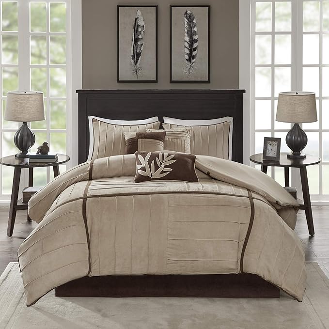 Madison Park Cozy Comforter Set Casual Blocks Design All Season, Matching Bed Skirt, Decorative Pillows, King (104 in x 92 in), Dune Beige/Brown, 7 Piece - LeafyLoom