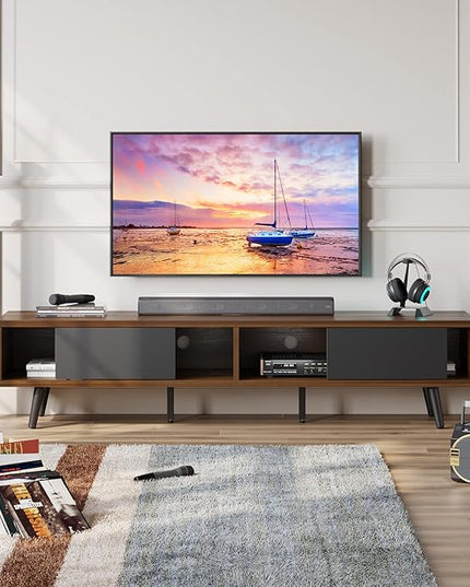 Bestier 70 inch Mid Century Modern TV Stand for 75 inch TV, Low Profile TV Stand with Storage, Entertainment Center for Living Room, Cord Management, Walnut - LeafyLoom