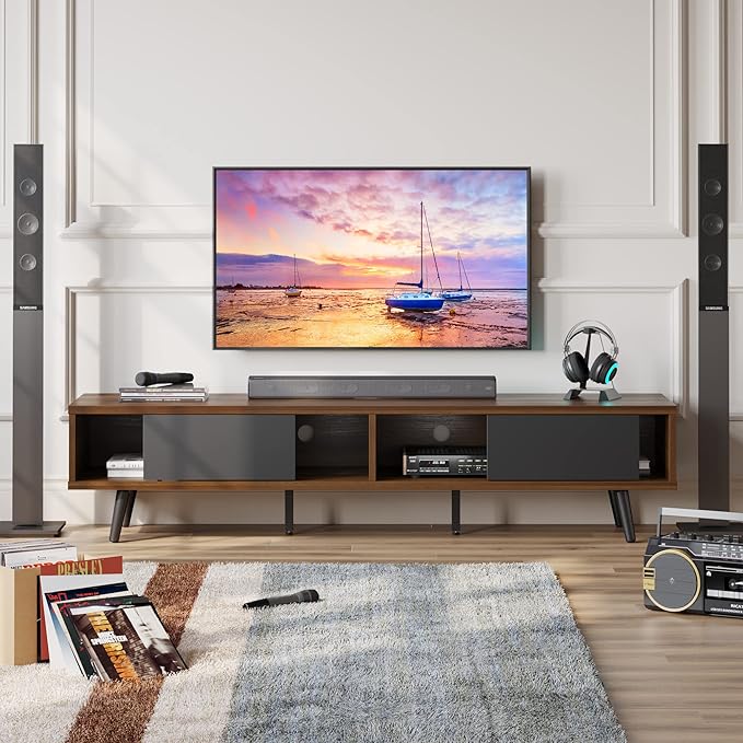 Bestier 70 inch Mid Century Modern TV Stand for 75 inch TV, Low Profile TV Stand with Storage, Entertainment Center for Living Room, Cord Management, Walnut - LeafyLoom
