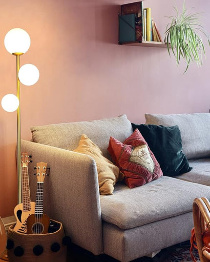 3 Globe Mid Century Modern Floor Lamp for Living Room, Contemporary Gold Lamp with Frosted Glass Shade and Bulbs Included, LED Standing Tall Pole Lamp for Bedrooms, Office - Antique Brass - LeafyLoom