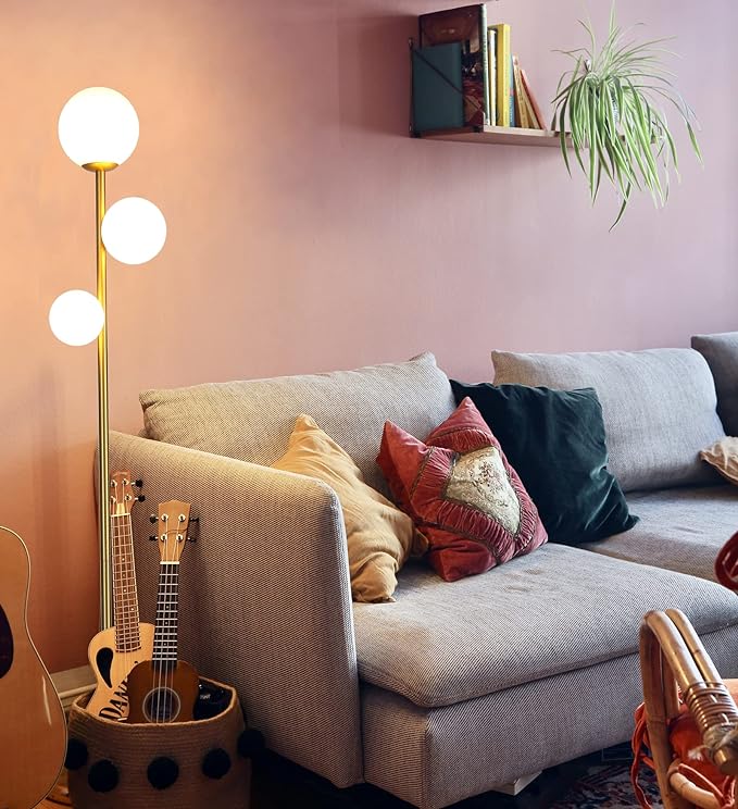 3 Globe Mid Century Modern Floor Lamp for Living Room, Contemporary Gold Lamp with Frosted Glass Shade and Bulbs Included, LED Standing Tall Pole Lamp for Bedrooms, Office - Antique Brass - LeafyLoom