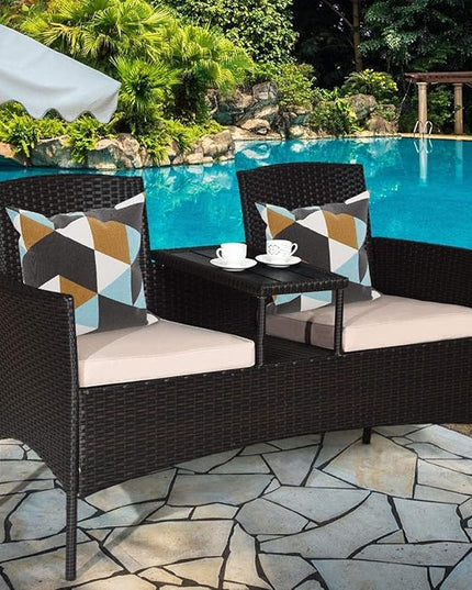 LUARANE Outdoor Rattan Sofas, Contract Patio Conversation Set Wicker Sofa Set with Built-in Coffee Table, Patio Furniture Set with Cushions, Rattan Loveseat for Lawn Backyard Garden (Brown+Beige) - LeafyLoom