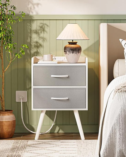 Night Stand with Charger Station, Nightstand with Drawers, Bedside Table, End Table with Solid Wood Feet, White Nightstand, Side Tables for Bedroom - LeafyLoom