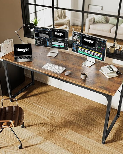 Computer Desk, 63 Inch Office Desk, Gaming Desk with Storage, Writing Desk Work Desk for Home Office, Study, Modern Simple Desk, Large Legroom, Metal Frame, Rustic Brown - LeafyLoom