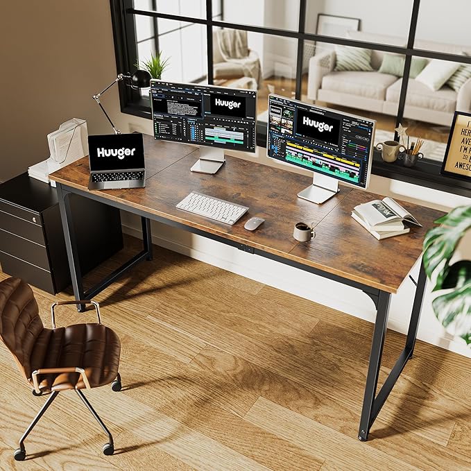 Computer Desk, 63 Inch Office Desk, Gaming Desk with Storage, Writing Desk Work Desk for Home Office, Study, Modern Simple Desk, Large Legroom, Metal Frame, Rustic Brown - LeafyLoom