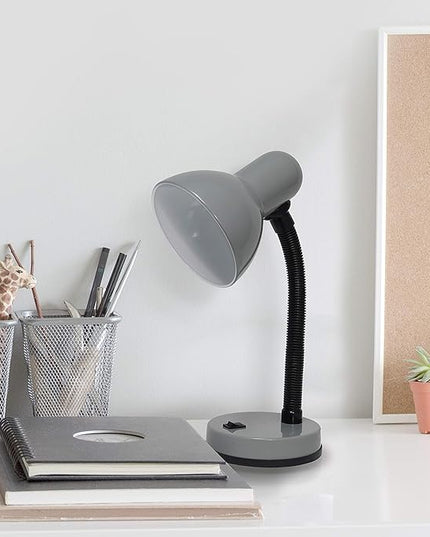 Simple Designs LD1003-GRY-LB 14.25" Basic Metal Desk Lamp with Flexible Hose Neck for Office, Living Room, Bedroom, College Dorm, Bookshelf, Silver, with Feit LED Bulb Included - LeafyLoom