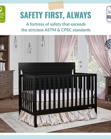 Cape Cod 5-In-1 Convertible Crib In Black, Greenguard Gold And JPMA Certified, Built Of Sustainable New Zealand Pinewood, 3 Mattress Height Positions - LeafyLoom