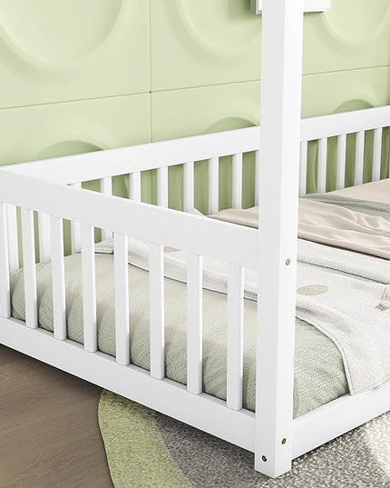 Twin Size Canopy Bed Frame with Guardrails for Kids,Floor Bed Twin with Four Poster Design,Kids Montessori Floor Bed,Wood Canopy Bed Frame for Girls,Boys(Twin,White) - LeafyLoom