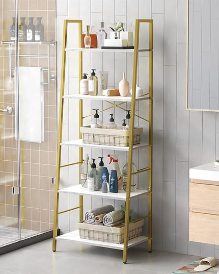 Yusong Ladder Shelf, 5-Tier Bookshelf Wood Bookcase for Living Room, Industrial Book Shelves, Tall Storage Display Rack Plant Stand for Bedoom, Home Office, Gold Metal Frame and White Marble Plank - LeafyLoom