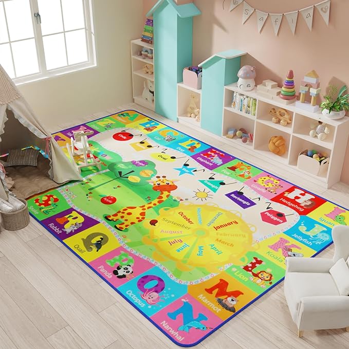 6x9 Kids Room Rug Play Mat Carpet Educational and Fun Playmat with ABC Alphabet Animals Shapes Colors Non Slip Area Rug Learning Rugs for Bedroom Playroom Baby Toddler Children Play Game Activity - LeafyLoom