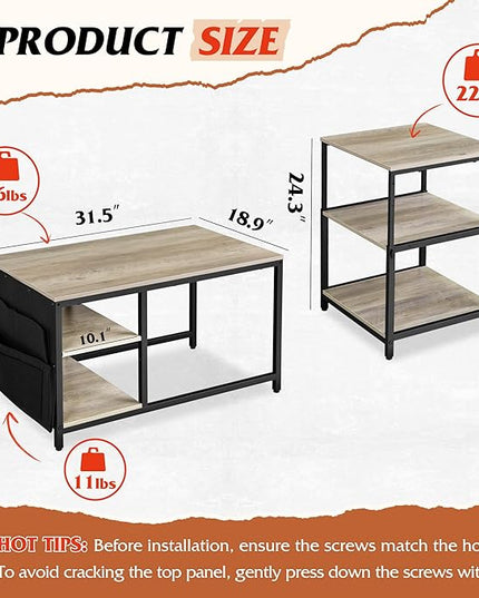 WLIVE Coffee Table for Living Room, Adjustable Coffee Table Set of 2 with End Table, Small Industrial Coffee Table with Side Table, Metal Frame and Wood Desktop, Greige - LeafyLoom