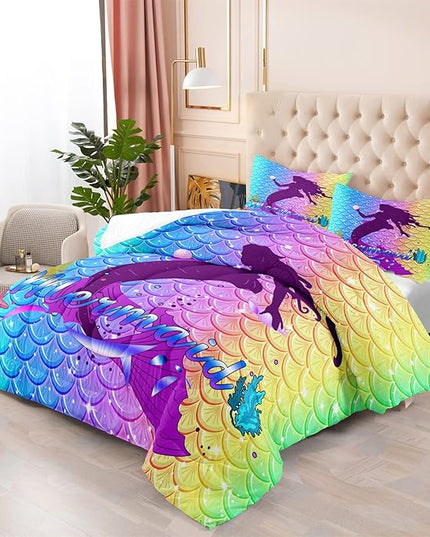 3Pcs Mermaid Comforter Set Queen Fish Scale Patterns Printed Queen Comforter Sets for Girls All Season Ultra Soft MIcrofiber Mermaid Bed Set Quilted Duvet with 2 Pillowcases, Queen Size - LeafyLoom