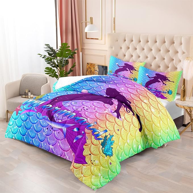 3Pcs Mermaid Comforter Set Queen Fish Scale Patterns Printed Queen Comforter Sets for Girls All Season Ultra Soft MIcrofiber Mermaid Bed Set Quilted Duvet with 2 Pillowcases, Queen Size - LeafyLoom
