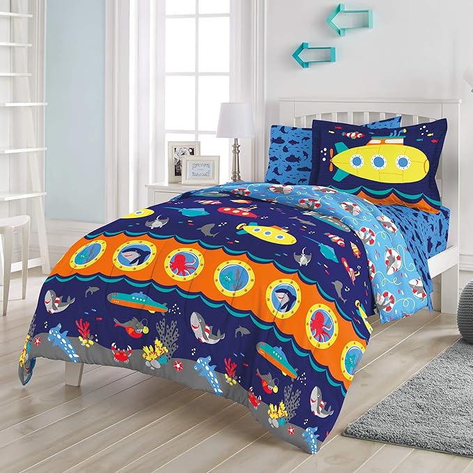 dream FACTORY Kids 7-Piece Complete Set Easy-Wash Super Soft Microfiber Comforter Bedding, Full, Navy Submarine - LeafyLoom