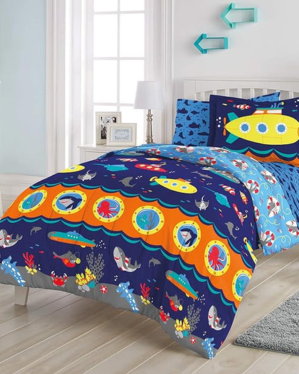 dream FACTORY Kids 5-Piece Complete Set Easy-Wash Super Soft Microfiber Comforter Bedding, Twin, Navy Submarine - LeafyLoom
