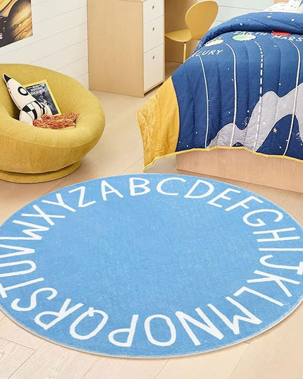 Topotdor Round Kids Play Rug Alphabet Nursery Area Rug Extra Large Soft Crawling Play Mat for Children Toddlers Bedroom (47 inch, Sky Blue) - LeafyLoom