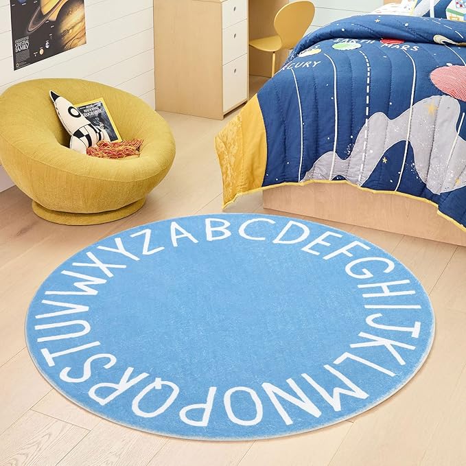 Topotdor Round Kids Play Rug Alphabet Nursery Area Rug Extra Large Soft Crawling Play Mat for Children Toddlers Bedroom (47 inch, Sky Blue) - LeafyLoom