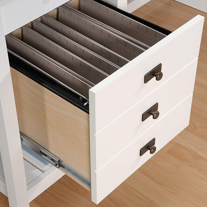 Sauder Cottage Road L-Desk, L: 65.12" x W: 58.66" x H: 29.76", Soft White Finish - LeafyLoom