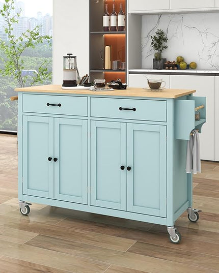 Kitchen Island Cart with Solid Wood Top, Mobile Kitchens Carts with Storage Cabinet, Rolling Kitchen Table w/Spice Rack, Towel Rack, and Drawer, Portable Islands on Wheels for Bar - LeafyLoom