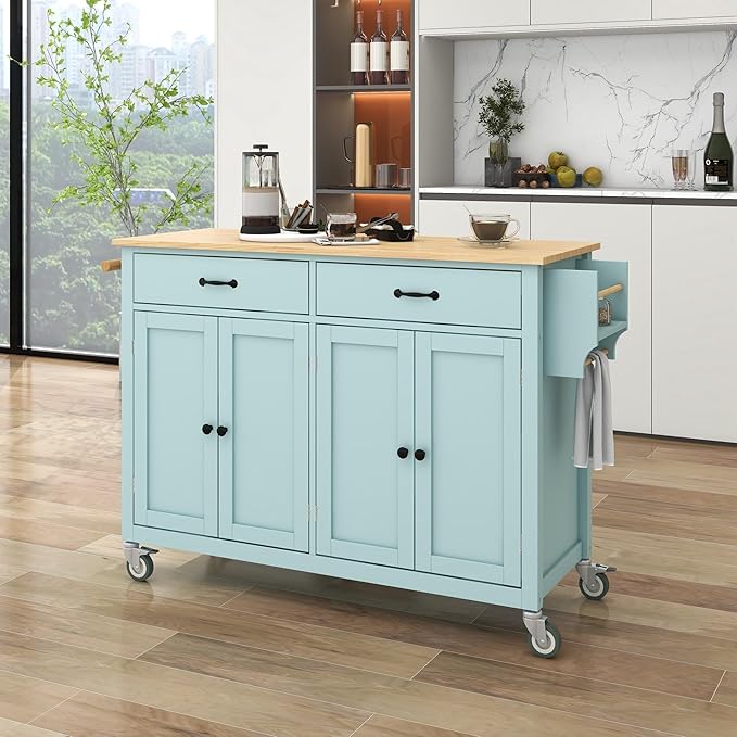 Kitchen Island Cart with Solid Wood Top, Mobile Kitchens Carts with Storage Cabinet, Rolling Kitchen Table w/Spice Rack, Towel Rack, and Drawer, Portable Islands on Wheels for Bar - LeafyLoom