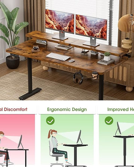 Electric Standing Desk with Monitor Shelf, 55 x 24 Inches Height Adjustable Corner Table, Computer Workstation with Cup Holder and Hook for Home Office, Brown, 55x24 Inch, Rustic Brwon - LeafyLoom