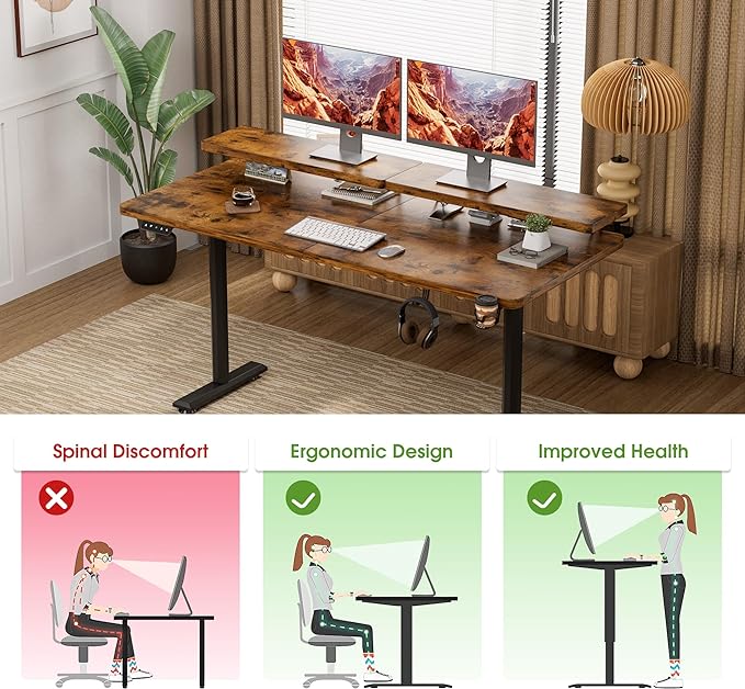 Electric Standing Desk with Monitor Shelf, 55 x 24 Inches Height Adjustable Corner Table, Computer Workstation with Cup Holder and Hook for Home Office, Brown, 55x24 Inch, Rustic Brwon - LeafyLoom