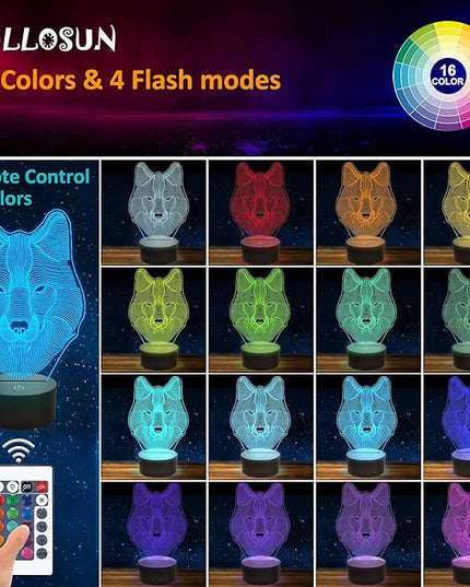 FULLOSUN 3D Wolf Night Light, Optical Illusion Lamp for Home Decor & Co-Sleeping,Remote Controller with 16 Color Changing Birthday Gifts for Kids, Boys & Men - LeafyLoom