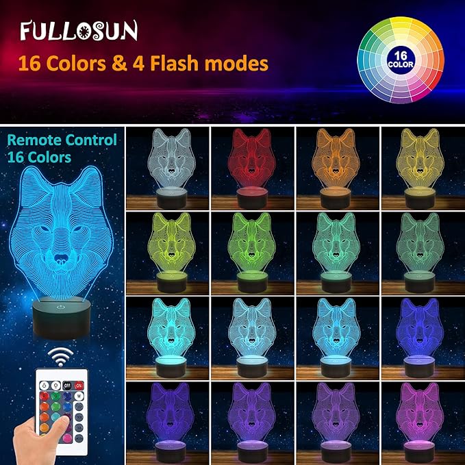 FULLOSUN 3D Wolf Night Light, Optical Illusion Lamp for Home Decor & Co-Sleeping,Remote Controller with 16 Color Changing Birthday Gifts for Kids, Boys & Men - LeafyLoom