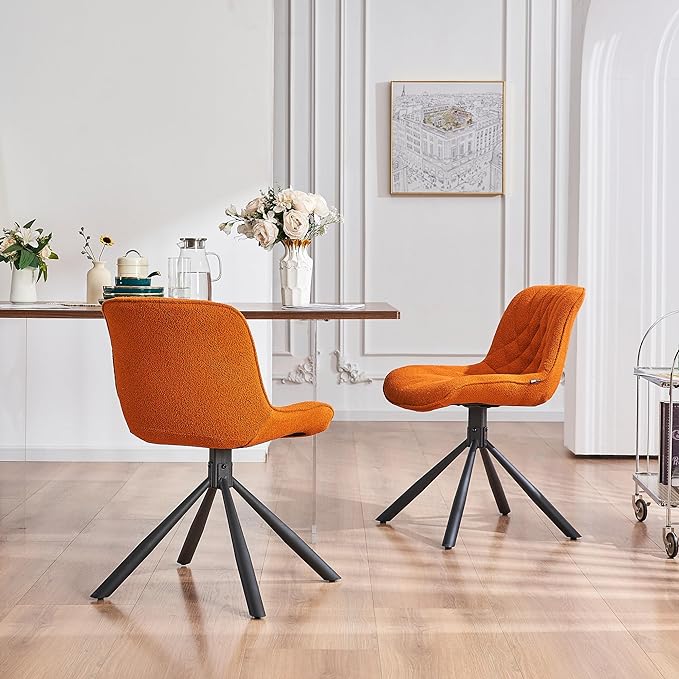 Mid Century Modern Dining Chairs Set of 2, Upholstered Dining Room Chairs with Sturdy Metal Legs, Boucle Armless Accent Side Chairs for Kitchen, Living Room, Orange - LeafyLoom