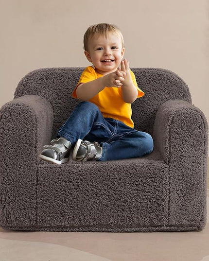 Kids Snuggly-Soft Sherpa Chair, Cuddly Toddler Foam Chair for Boys and Girls, Grey - LeafyLoom
