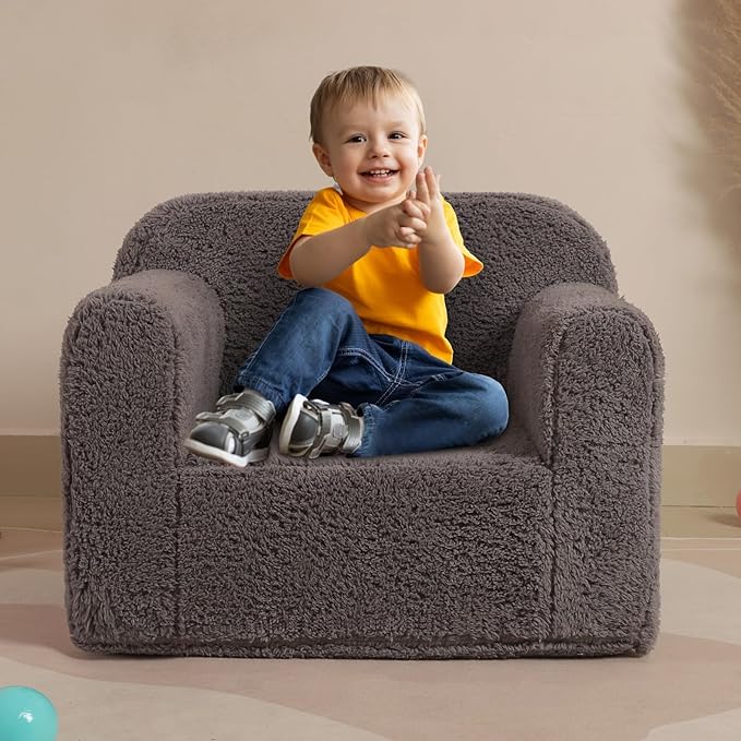 Kids Snuggly-Soft Sherpa Chair, Cuddly Toddler Foam Chair for Boys and Girls, Grey - LeafyLoom