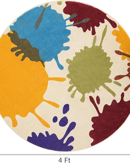 Art Round Rug for Playroom, 4'x4' Colorful Kids Rug for Nursery, Non-Slip Small Circle Rug for Kids Room, Machine Washable Bedroom Rug Soft Circular Office Carpet for Preschool Dorm - LeafyLoom