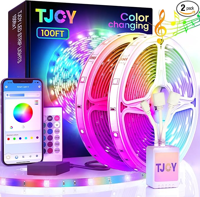 200ft Bluetooth Long LED Strip Lights, Music Sync Tape Lighting, RGB Color Changing LED Lights for Bedroom with Remote,Smart Phone APP Control, Ceiling Living Room Decor (APP+Remote+Mic/2 Roll) TJOY