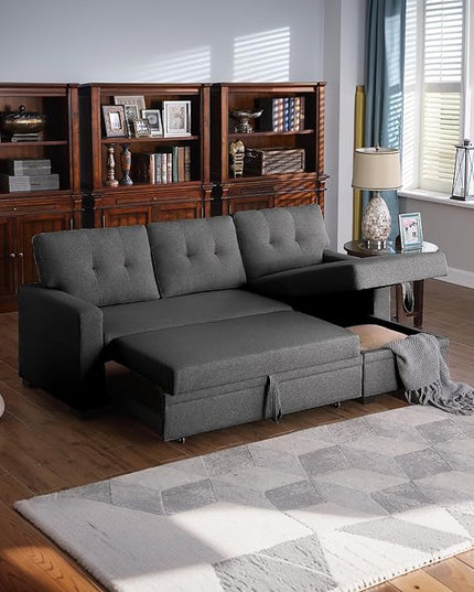 4-in-1 Convertible Pull Out Modular Sectional Sofa Bed for Living Room Furniture Sets, L Shaped Comfy Couch with Reversible Storage Chaise Upholstered for Apartment, Studio, Office, Dark Gray-2 - LeafyLoom