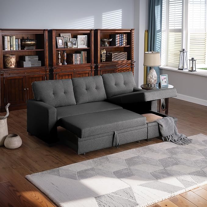 4-in-1 Convertible Pull Out Modular Sectional Sofa Bed for Living Room Furniture Sets, L Shaped Comfy Couch with Reversible Storage Chaise Upholstered for Apartment, Studio, Office, Dark Gray-2 - LeafyLoom