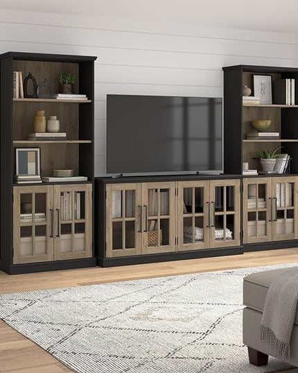 Bush Furniture Westbrook 60W TV Stand for 75 Inch TV in Vintage Black/Restored Tan Hickory | Living Room Entertainment Center with Storage - LeafyLoom