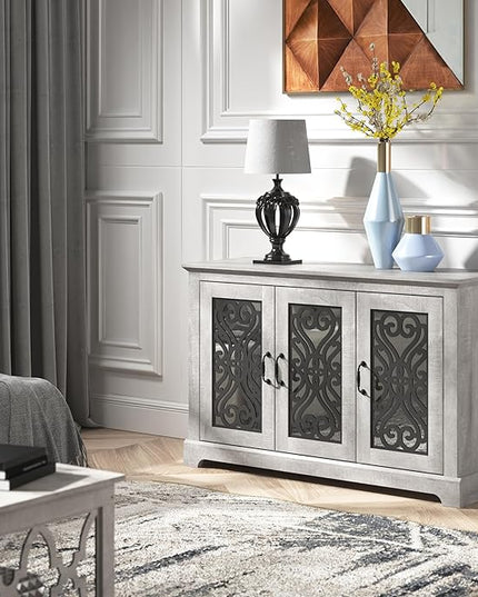 Galano Calidia 3 Door Sideboard, Kitchen Storage Sideboard Buffet Cabinet Console with Acrylic Mirror Doors & Adjustable Shelves, 15.67" D x 45.71" W x 29.29" H, Dusty Grey Oak - LeafyLoom