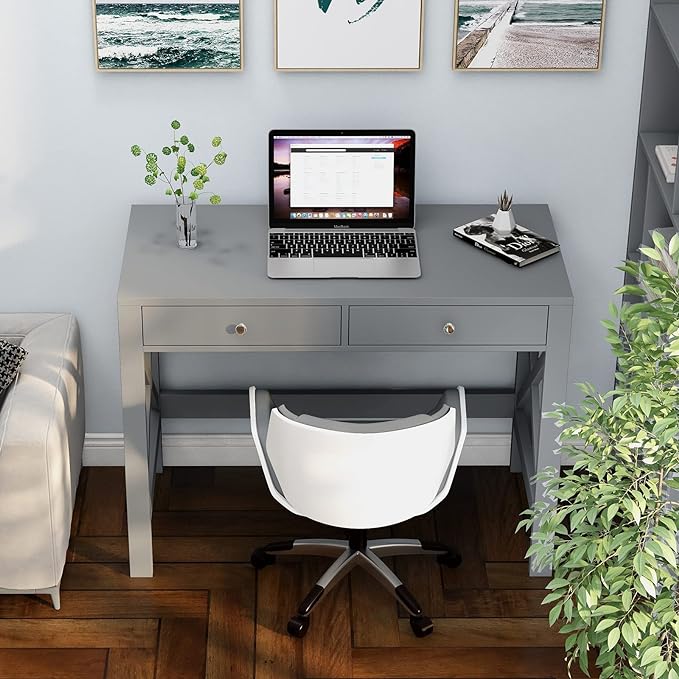 ChooChoo Home Office Desk Writing Computer Table Modern Design Desk with Drawers (Grey) - LeafyLoom
