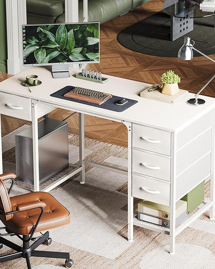 47 Inch Computer Desk with 4 Drawers, Office Desk with Mesh Shelf, Gaming Desk, Large Storage, Writing Desk Work Desk for Home Office, Study, Bedroom, Work from Home, White - LeafyLoom
