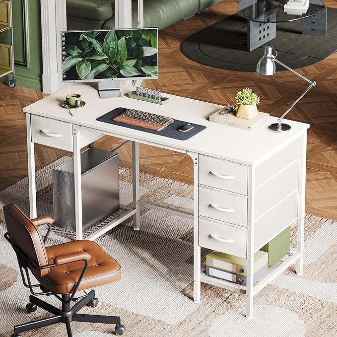 47 Inch Computer Desk with 4 Drawers, Office Desk with Mesh Shelf, Gaming Desk, Large Storage, Writing Desk Work Desk for Home Office, Study, Bedroom, Work from Home, White - LeafyLoom