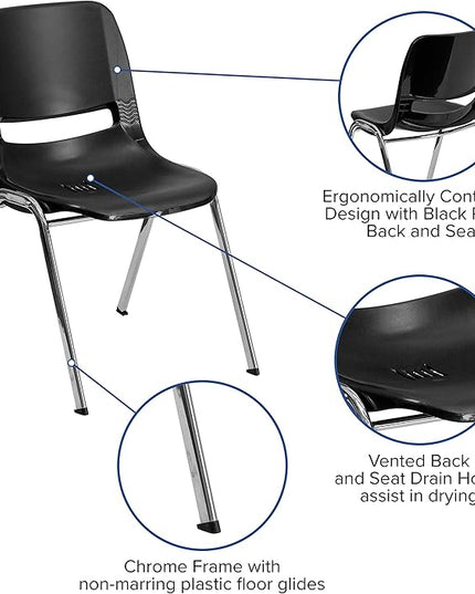 Flash Furniture HERCULES Series 661 lb. Capacity Black Ergonomic Shell Stack Chair with Chrome Frame and 16'' Seat Height - LeafyLoom