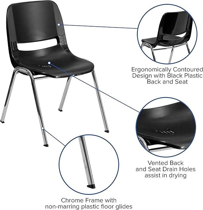 Flash Furniture HERCULES Series 661 lb. Capacity Black Ergonomic Shell Stack Chair with Chrome Frame and 16'' Seat Height - LeafyLoom