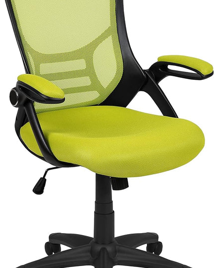 Flash Furniture Porter Mesh High Back Ergonomic Swivel Office Chair with Lumbar Support, Flip-Up Arms, Tilt Lock/Tilt Tension, Height Adjustable, Black/Green Frame - LeafyLoom
