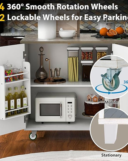 Retro Mountain Wood 47" D Rolling Island with Drop Leaf, Farmhouse Cart on Wheels with Internal Storage Towel Rack for Kitchen, Dining Room, White, 51.57 Inch - LeafyLoom