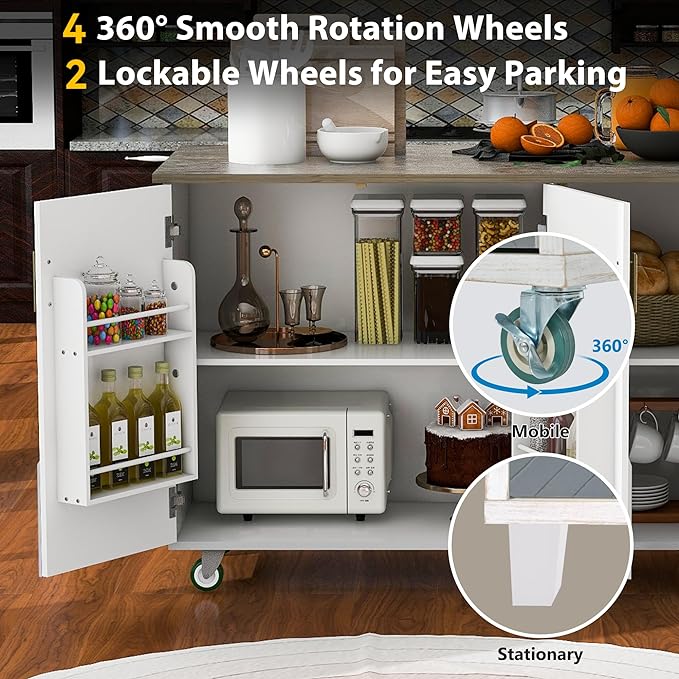 Retro Mountain Wood 47" D Rolling Island with Drop Leaf, Farmhouse Cart on Wheels with Internal Storage Towel Rack for Kitchen, Dining Room, White, 51.57 Inch - LeafyLoom