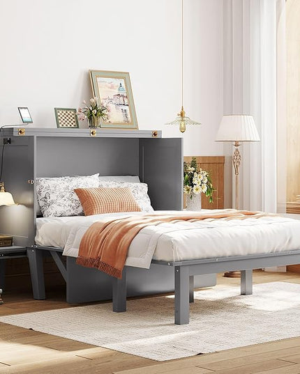 Murphy Bed Full Size with USB Port and Removable Shelves on Each Side, Wooden Platform Bedframe Foldable into Wall Cabinet, Space Saving, for Bedroom Guest Room Office, Gray - LeafyLoom
