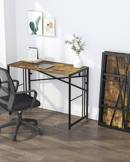 40 inch Folding Computer Desk, Writing Gaming Computer Camping Desk, No Assembly Required Home Office Table, Rustic Brown - LeafyLoom