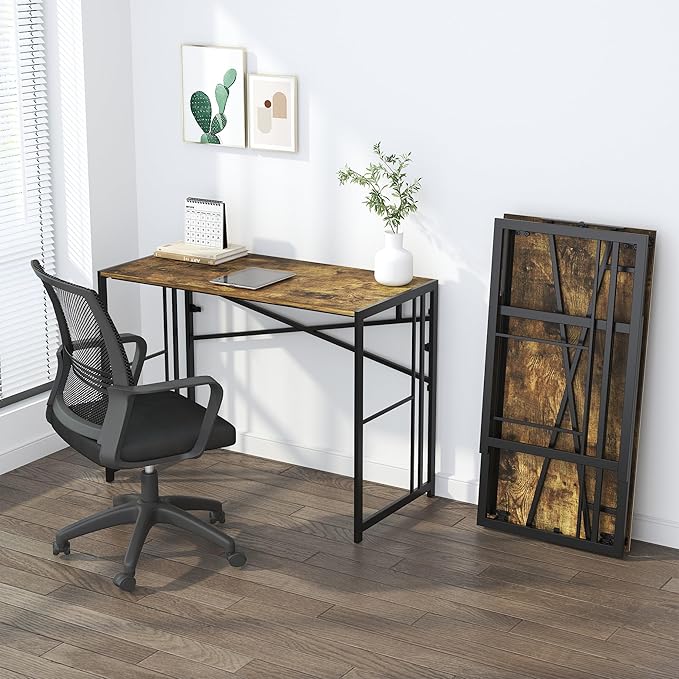 40 inch Folding Computer Desk, Writing Gaming Computer Camping Desk, No Assembly Required Home Office Table, Rustic Brown - LeafyLoom