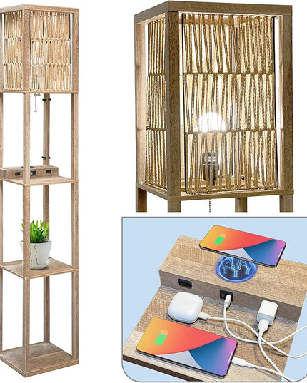 Fovara - Boho Floor Lamp with Rattan Shade - Shelves Floor Lamps for Living Room - Bohemian Light with Natural Wood Shelf - Decoration for Bedrooms with Charging Base, USB Port, and Power Socket - LeafyLoom